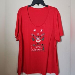 Christmas Deer Print Short Sleeved Plus Size Women Round Neck Loose Fit T-shirt